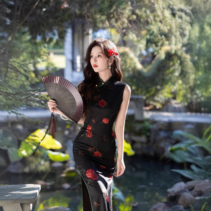 Beth and Brian Qipao-FRY Sleeveless, New Chinese style(新中式), black long Cheongsam