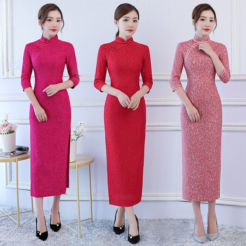Beth and Brian Qipao-FRY Spring and Fall collection, lace fabric long Qipao