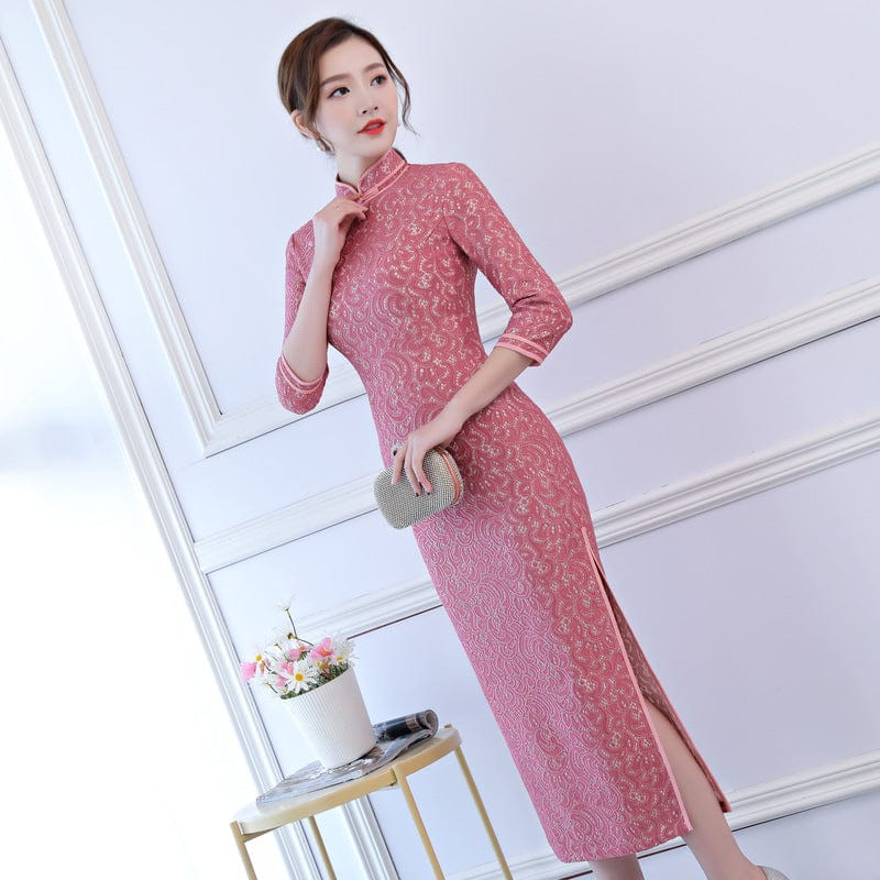 Beth and Brian Qipao-FRY Spring and Fall collection, lace fabric long Qipao