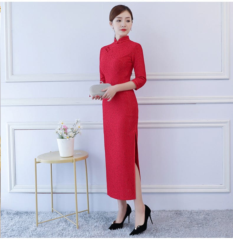 Beth and Brian Qipao-FRY Spring and Fall collection, lace fabric long Qipao