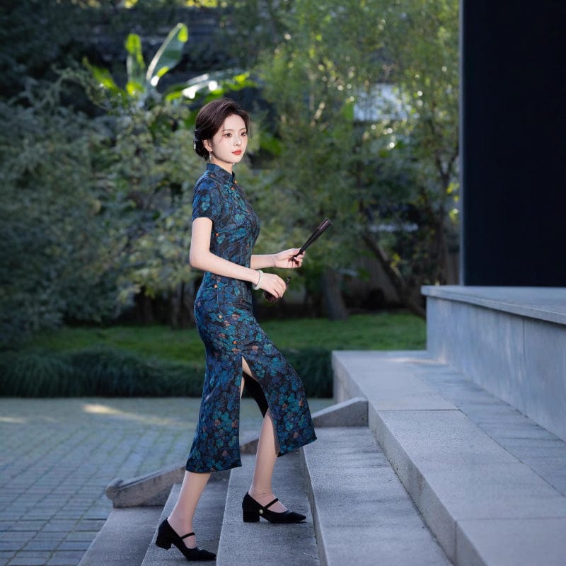 Beth and Brian Qipao-FRY Floral pattern, navy blue midi Cheongsam