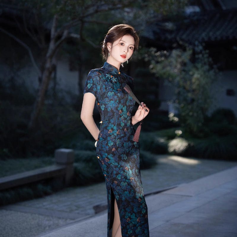 Beth and Brian Qipao-FRY Floral pattern, navy blue midi Cheongsam