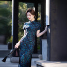 Beth and Brian Qipao-FRY Floral pattern, navy blue midi Cheongsam