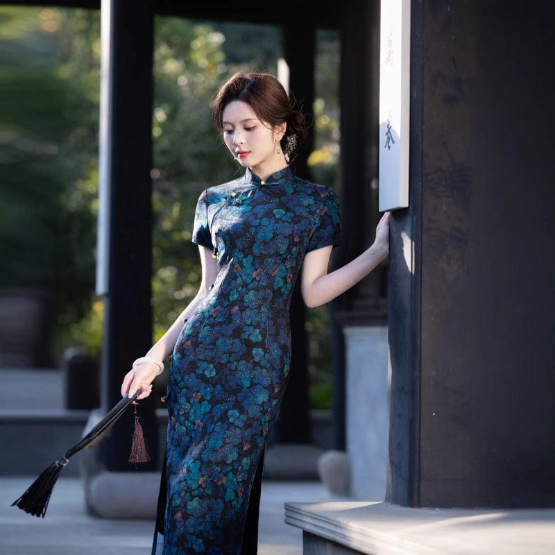 Beth and Brian Qipao-FRY Floral pattern, navy blue midi Cheongsam