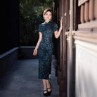 Beth and Brian Qipao-FRY Floral pattern, navy blue midi Cheongsam