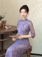 Beth and Brian Qipao-GSJ Floral pattern, purple midi Cheongsam with three quarter sleeves