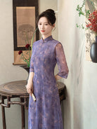 Beth and Brian Qipao-GSJ Floral pattern, purple midi Cheongsam with three quarter sleeves