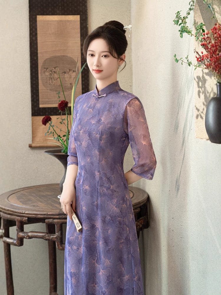 Beth and Brian Qipao-GSJ Floral pattern, purple midi Cheongsam with three quarter sleeves