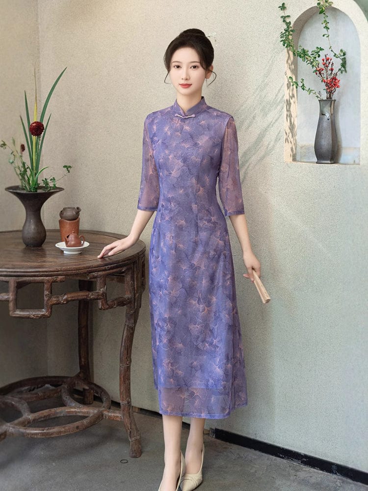 Beth and Brian Qipao-GSJ Floral pattern, purple midi Cheongsam with three quarter sleeves