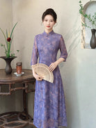 Beth and Brian Qipao-GSJ Floral pattern, purple midi Cheongsam with three quarter sleeves
