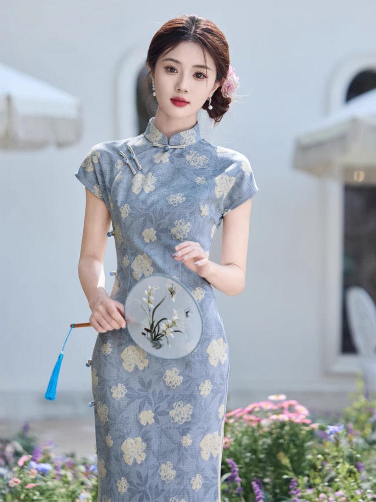Beth and Brian Qipao - JN Summer collection, ramie fabric, floral midi Cheongsam