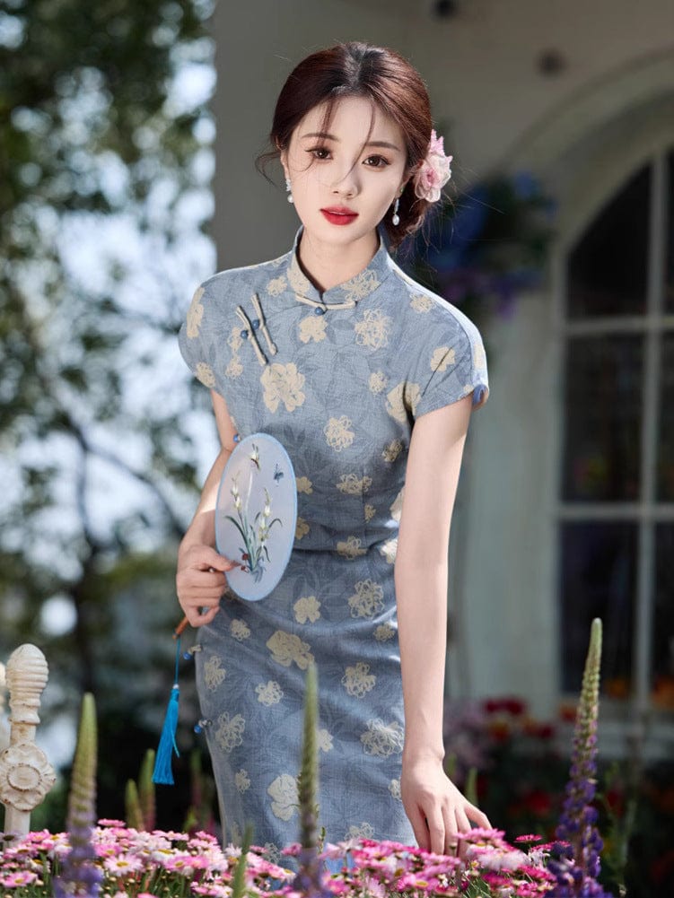 Beth and Brian Qipao - JN Summer collection, ramie fabric, floral midi Cheongsam