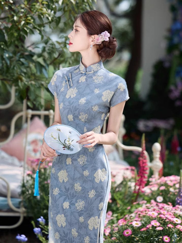 Beth and Brian Qipao - JN Summer collection, ramie fabric, floral midi Cheongsam