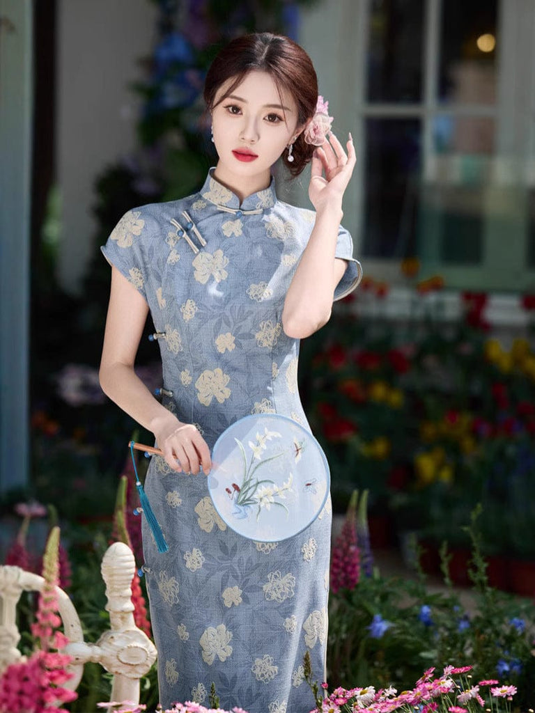Beth and Brian Qipao - JN Summer collection, ramie fabric, floral midi Cheongsam