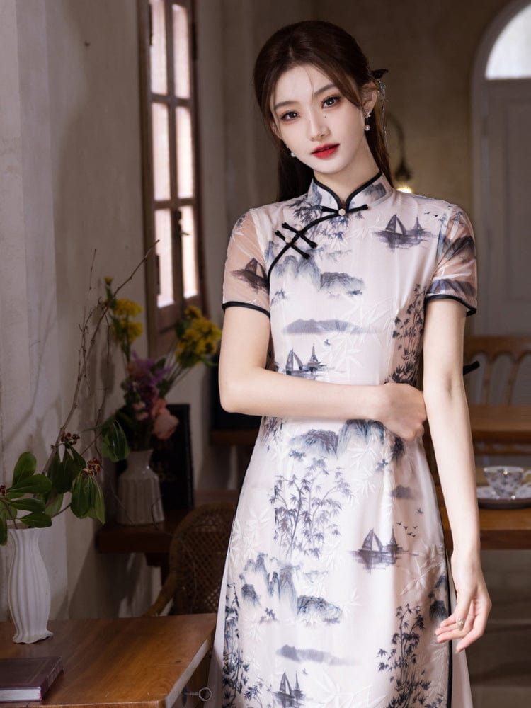 Beth and Brian Qipao-MYJ Chinese water painting pattern, white midi Ao dai