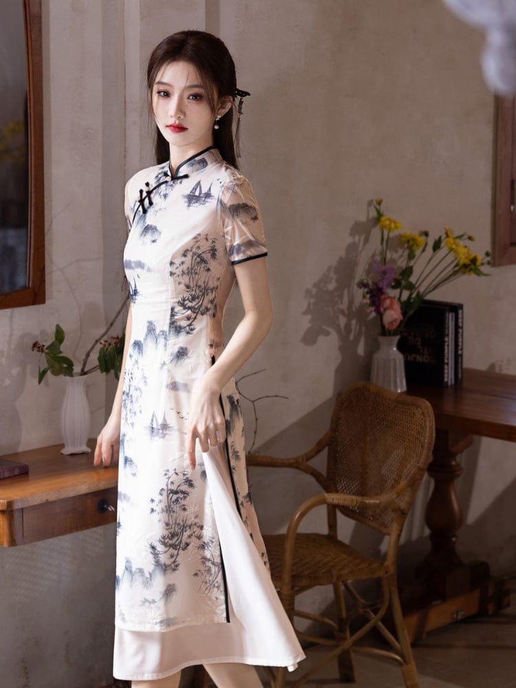 Beth and Brian Qipao-MYJ Chinese water painting pattern, white midi Ao dai