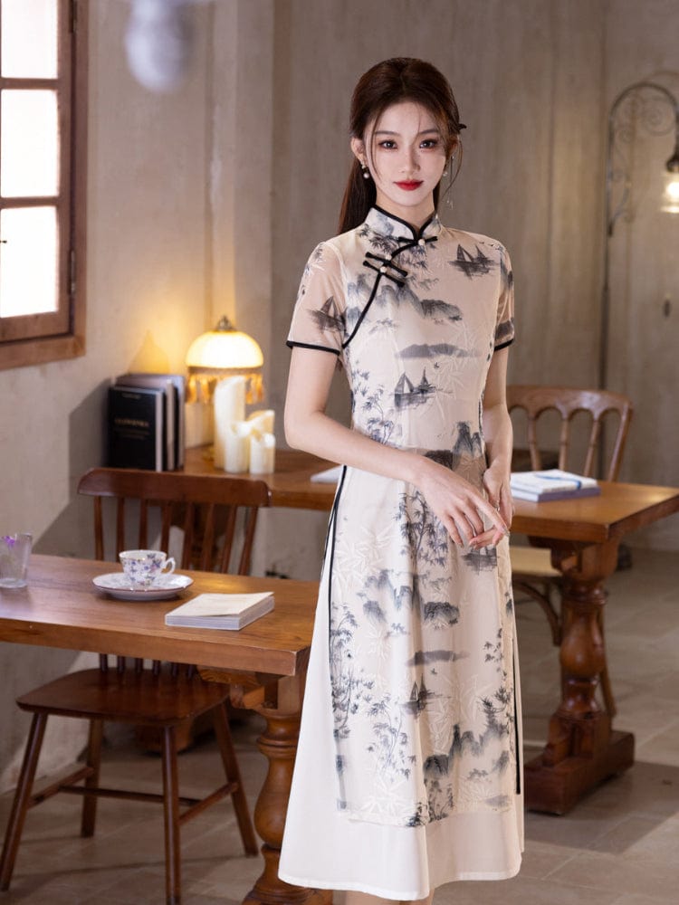 Beth and Brian Qipao-MYJ Chinese water painting pattern, white midi Ao dai