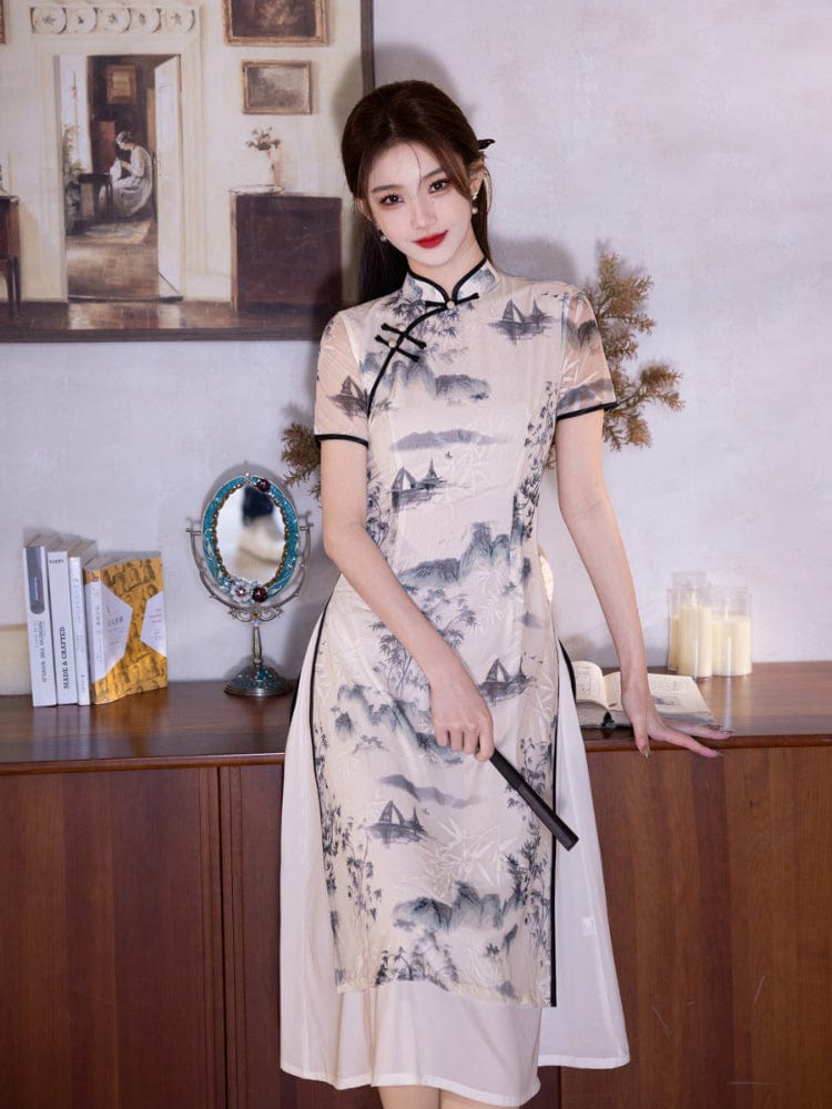Beth and Brian Qipao-MYJ Chinese water painting pattern, white midi Ao dai
