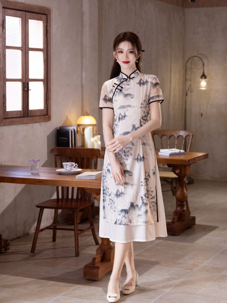 Beth and Brian Qipao-MYJ Chinese water painting pattern, white midi Ao dai