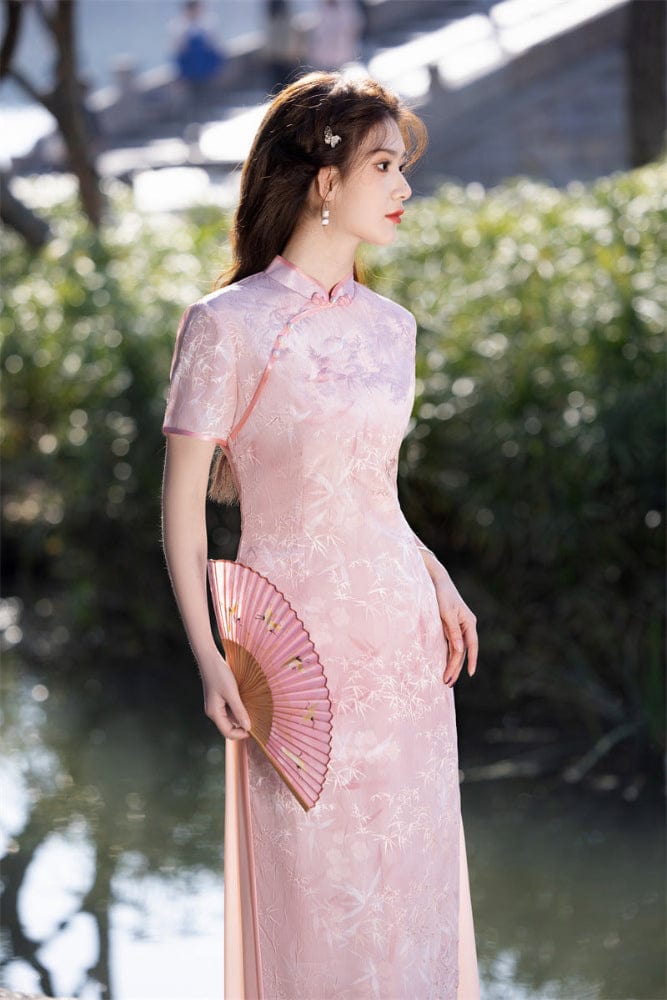 Beth and Brian Qipao-SYK Tencel linen fabric, light blue&pink long Ao dai