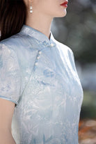 Beth and Brian Qipao-SYK Tencel linen fabric, light blue&pink long Ao dai
