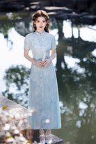 Beth and Brian Qipao-SYK Tencel linen fabric, light blue&pink long Ao dai