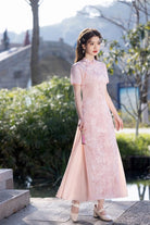 Beth and Brian Qipao-SYK Tencel linen fabric, light blue&pink long Ao dai