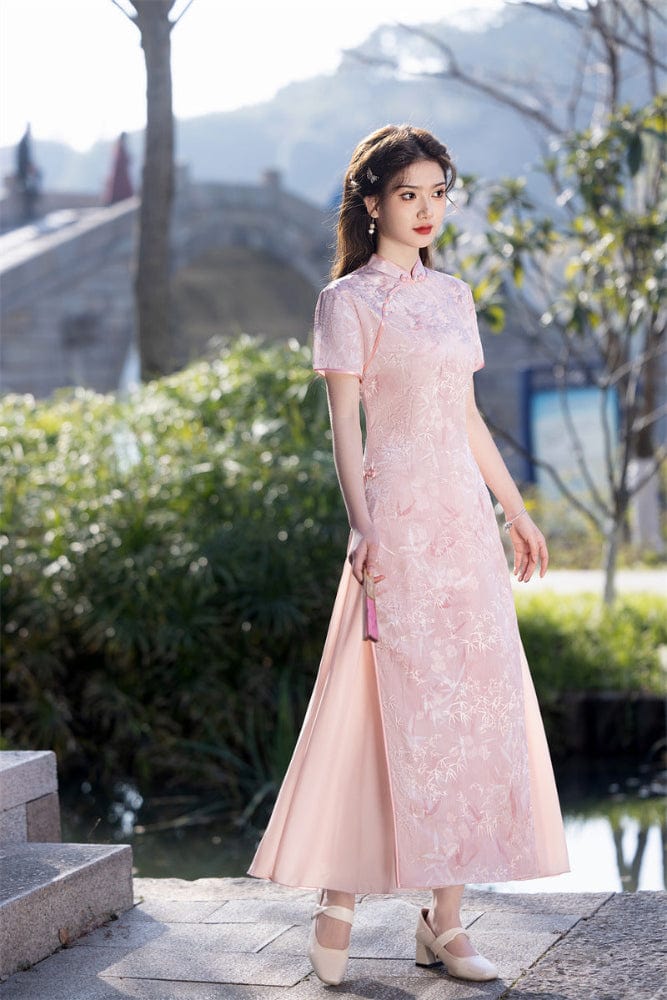 Beth and Brian Qipao-SYK Tencel linen fabric, light blue&pink long Ao dai