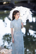 Beth and Brian Qipao-SYK Tencel linen fabric, light blue&pink long Ao dai