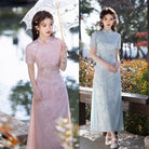 Beth and Brian Qipao-SYK Tencel linen fabric, light blue&pink long Ao dai