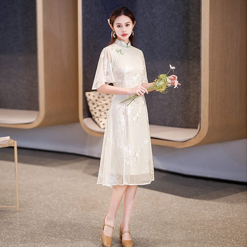 Beth and Brian Qipao-ZQYS Summer collection, chiffon beige midi Cheongsam
