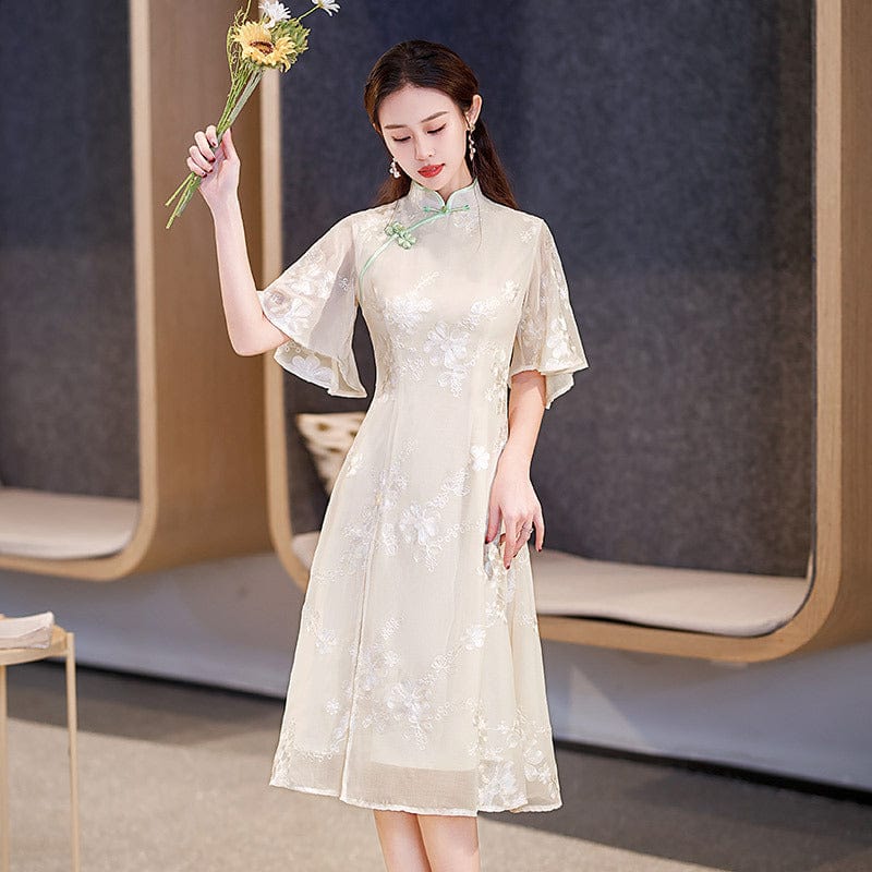 Beth and Brian Qipao-ZQYS Summer collection, chiffon beige midi Cheongsam