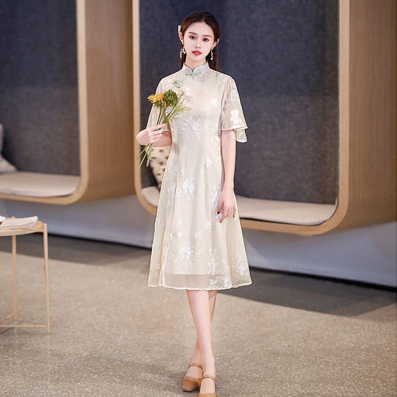 Beth and Brian Qipao-ZQYS Summer collection, chiffon beige midi Cheongsam