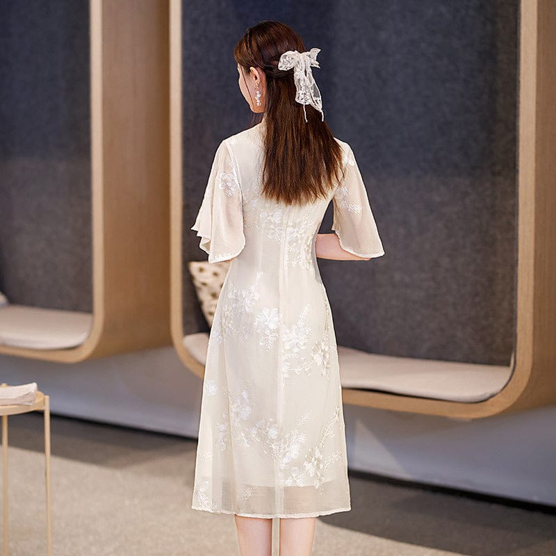 Beth and Brian Qipao-ZQYS Summer collection, chiffon beige midi Cheongsam