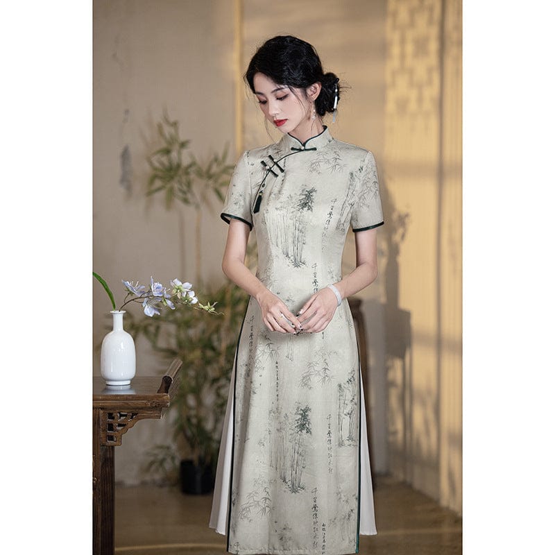 Beth and Brian Qipao-HY Bamboo pattern, green midi Ao dai