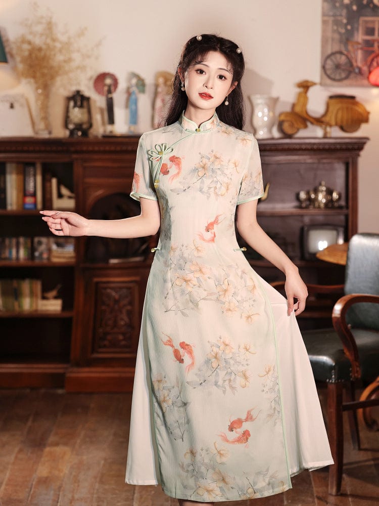 Beth and Brian Qipao-LSB Koi fish pattern, light green midi Ao dai