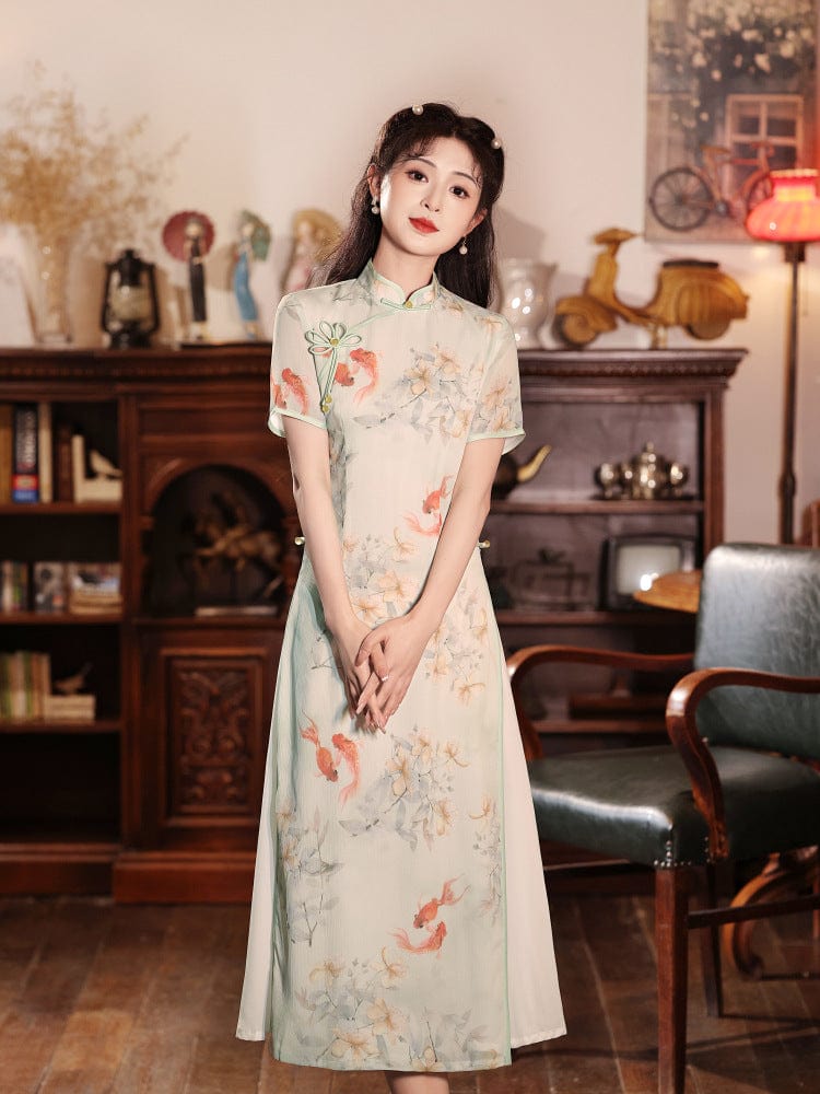 Beth and Brian Qipao-LSB Koi fish pattern, light green midi Ao dai