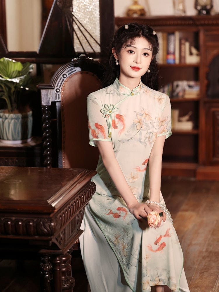 Beth and Brian Qipao-LSB Koi fish pattern, light green midi Ao dai