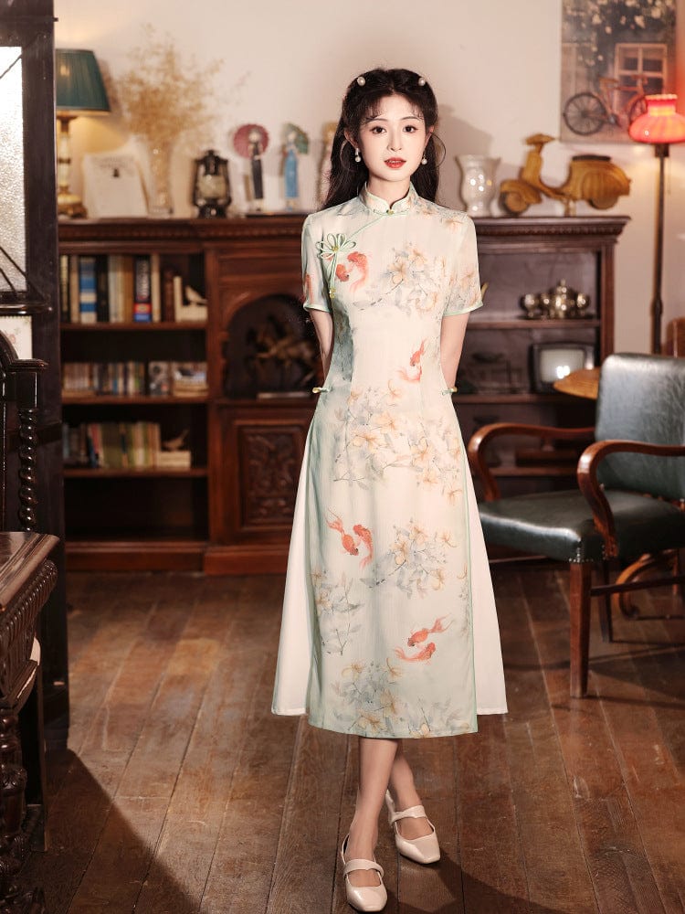 Beth and Brian Qipao-LSB Koi fish pattern, light green midi Ao dai