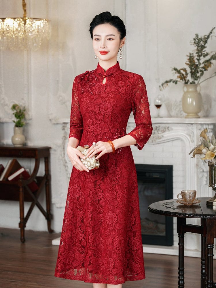 Beth and Brian Qipao-MH Floral pattern, lace mid-length A-line Qipao