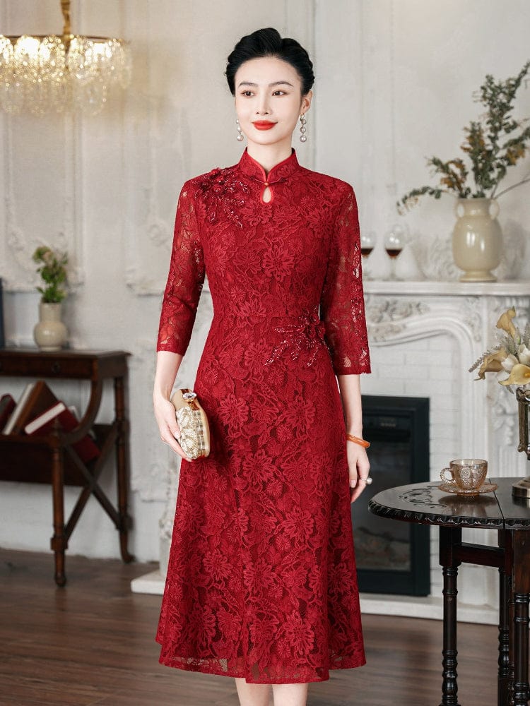 Beth and Brian Qipao-MH Floral pattern, lace mid-length A-line Qipao