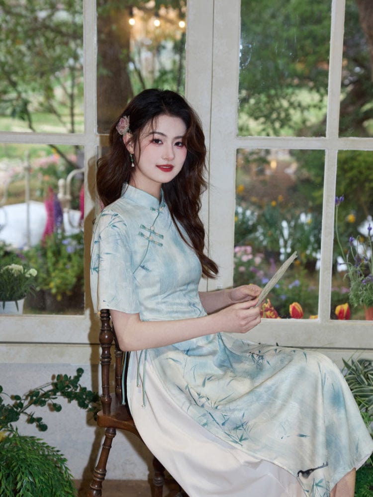 Beth and Brian Qipao-YT Bamboo pattern, acetate fabric midi Ao dai