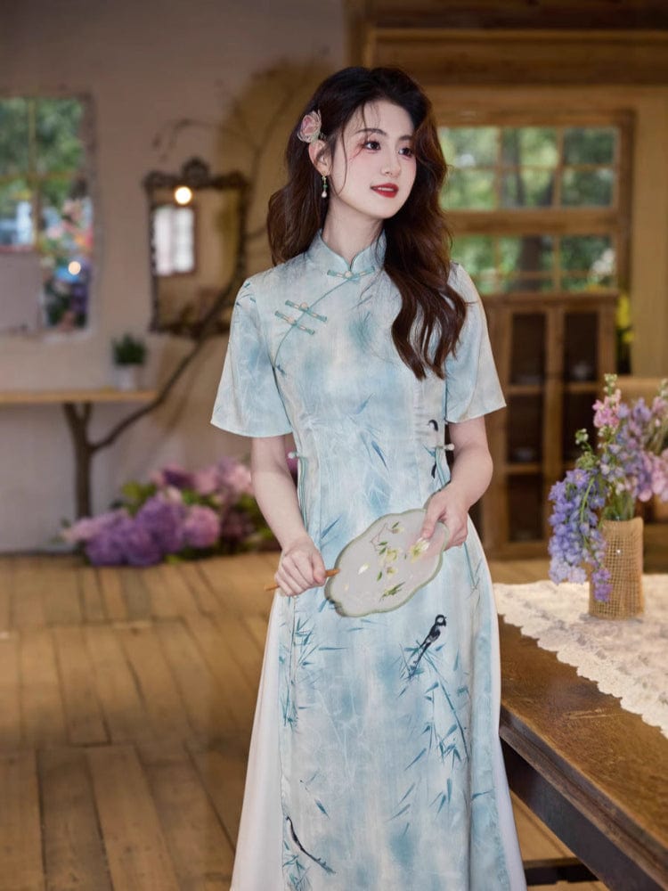 Beth and Brian Qipao-YT Bamboo pattern, acetate fabric midi Ao dai