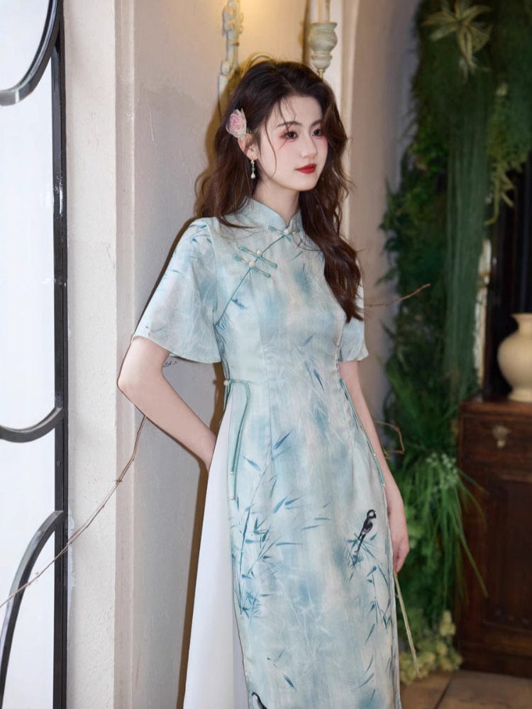 Beth and Brian Qipao-YT Bamboo pattern, acetate fabric midi Ao dai