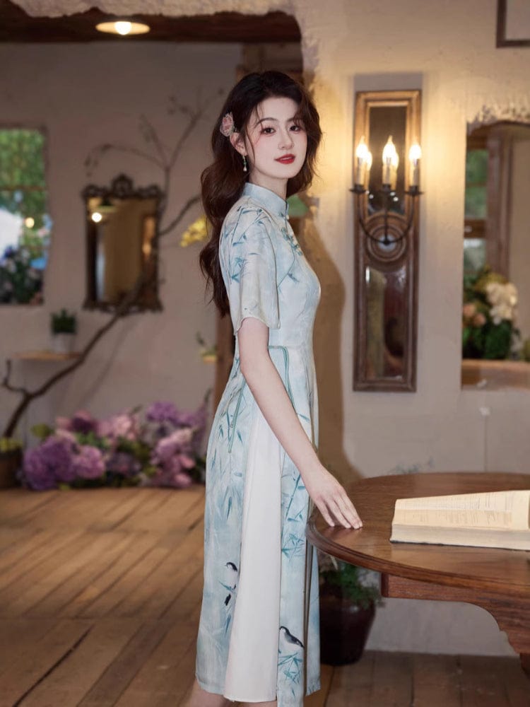 Beth and Brian Qipao-YT Bamboo pattern, acetate fabric midi Ao dai