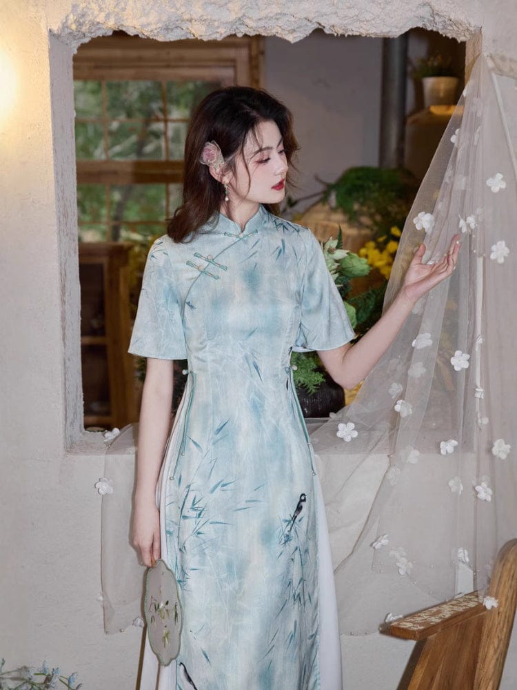 Beth and Brian Qipao-YT Bamboo pattern, acetate fabric midi Ao dai