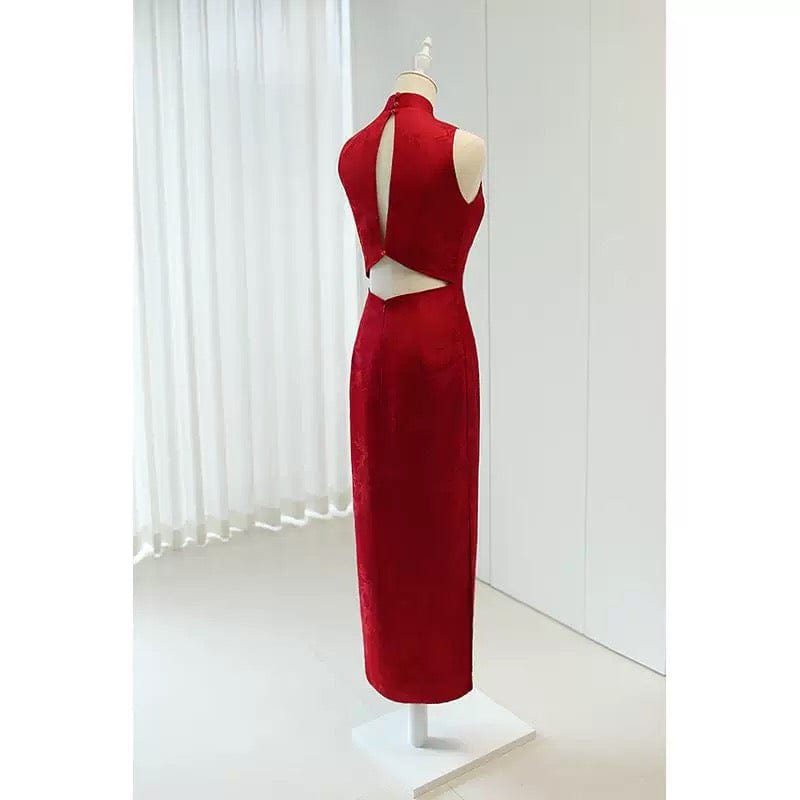 Beth and Brian Qipao-SR New Chinese style (新中式), sleeveless red midi Cheongsam