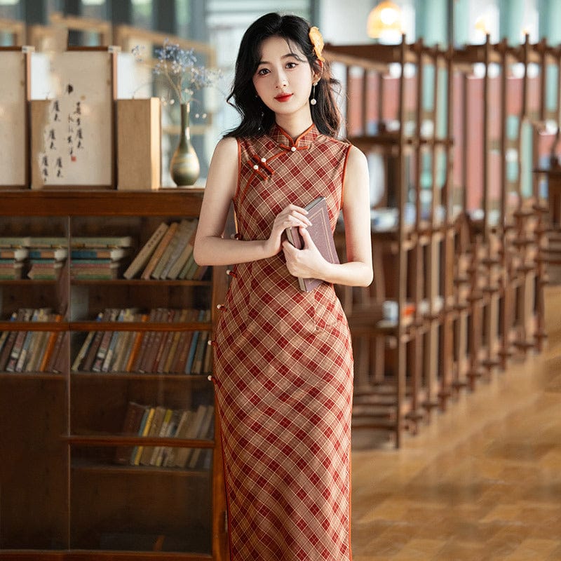 Beth and Brian Qipao-ZQYS Sleeveless, plaid pattern, daily midi Cheongsam