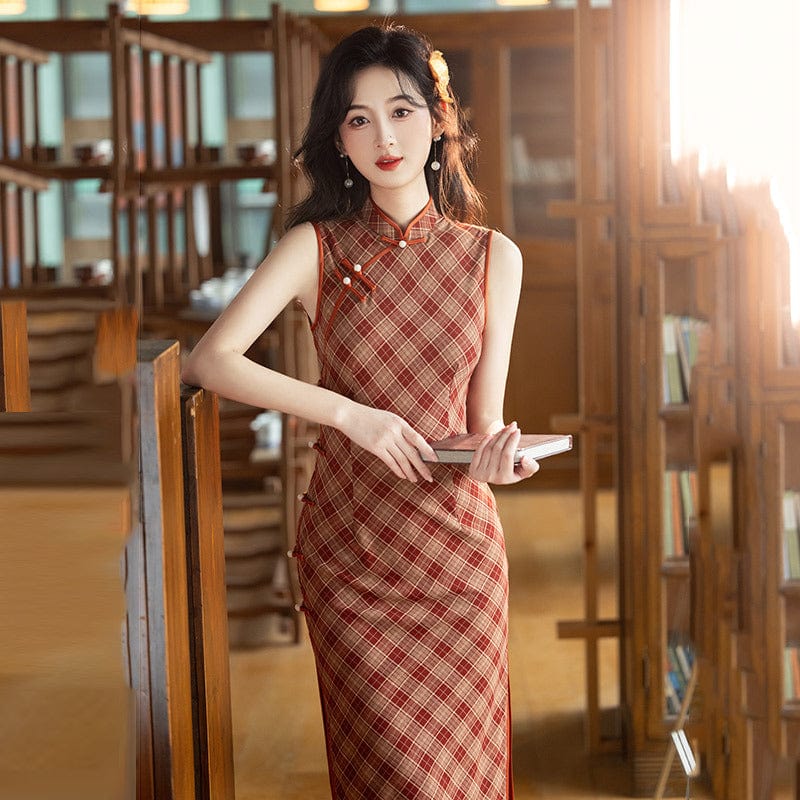 Beth and Brian Qipao-ZQYS Sleeveless, plaid pattern, daily midi Cheongsam