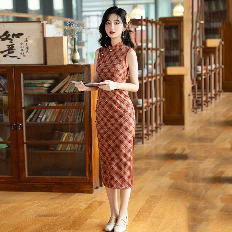 Beth and Brian Qipao-ZQYS Sleeveless, plaid pattern, daily midi Cheongsam